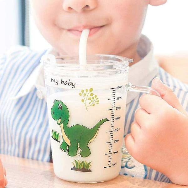 Melkekopp for barn med sugerør, 400 ml Transparent Glass Lære å drikke treningskopp, Mikrobølgesikker drikkekopp med lekkasjesikkert lokk for småbarn (#2)