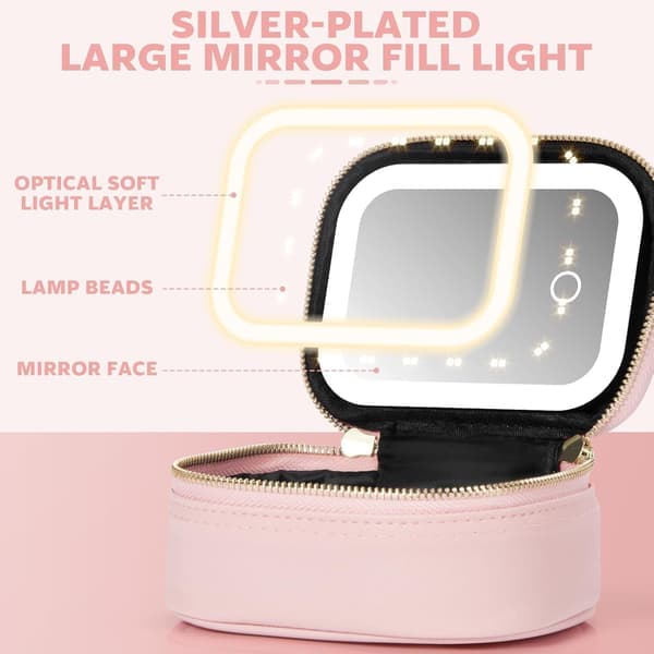 Mini makeuptaske med 3-mode LED-spejl - Bærbar justerbar lysstyrke kosmetikarrangør til polfest, arbejde og touch-ups Pink