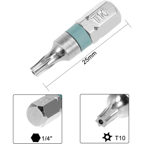 25mm Long 1/4" Hex Shank T10 Security Torx High Quantity Screwdriver Bits S2 High Alloy Steel 8pcs