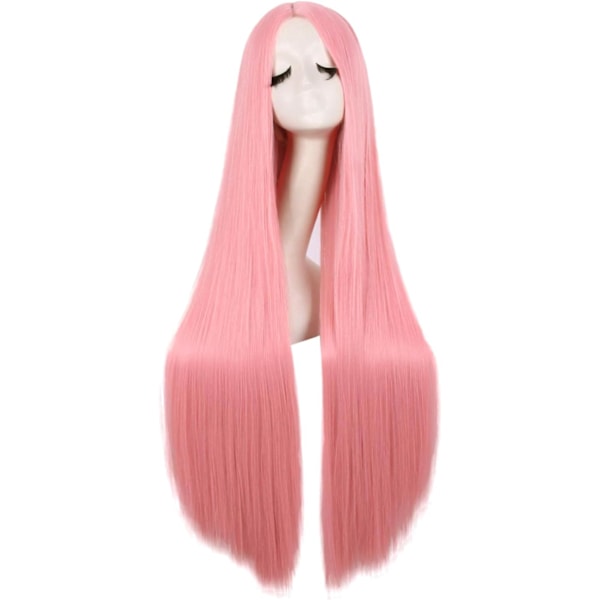 32 tum 80 cm långa rosa cosplayperuker för kvinnor rakt syntetiskt hår full peruk mittdel för fest