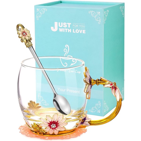 Födelsedagspresenter för glas Blomma Tekopp Kaffemugg Personliga presenter för kvinnor Jubileum Alla hjärtans jul mors dag