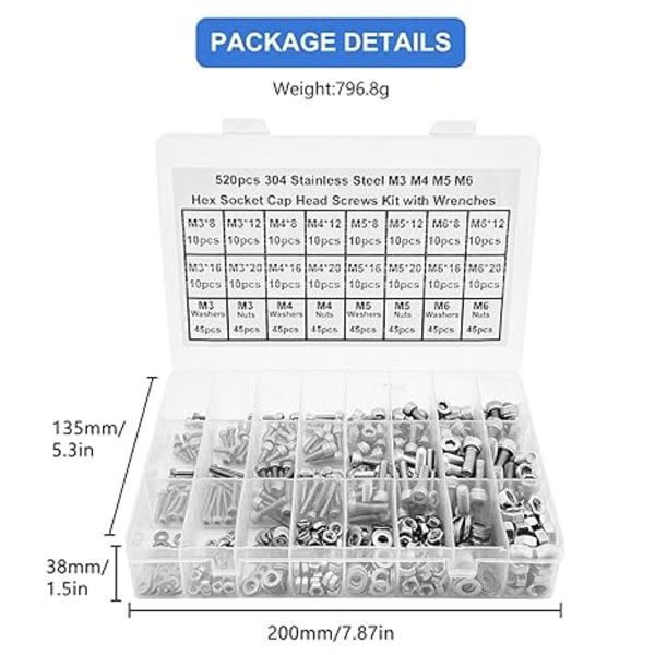 520 stk. M3 M4 M5 M6 Unbrakoskruesæt 304 Rustfrit Stålskruer Skiver Skruer Møtrikker Sæt Skruesortiment Hexnøglesæt Maskinskruer