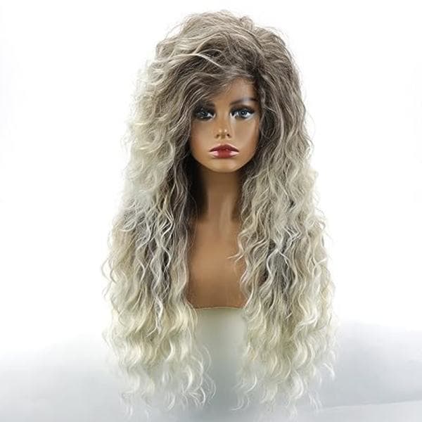 Lång lockig vågig peruk grå blond kvinnlig blandad blond lockig peruk