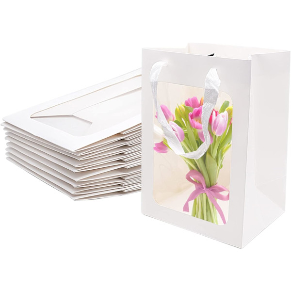 10 stk. Hvide Kraft Papir Gaveposer Med Håndtag, Transparent Vinduespose Gavepakke, Til Valentinsdag, Bryllupper, Fødselsdagsfester