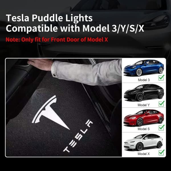 4 stk. Tesla Puddle Lights Bildørlys Logo Projektor, Ultralet LED 3D Laser Ghost Shadow Lys, Invitationslys til Model 3 YSX Tilbehør