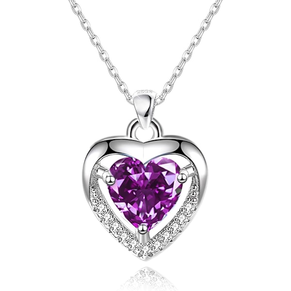 Silver Heart Halsband, 925 Sterling Silver Halsband för Kvinnor Kristall Hjärta Halsband Fin Kärlek Hjärta Halsband Silver Kedja Halsband Kvinnor Present Purple-Crystal Heart