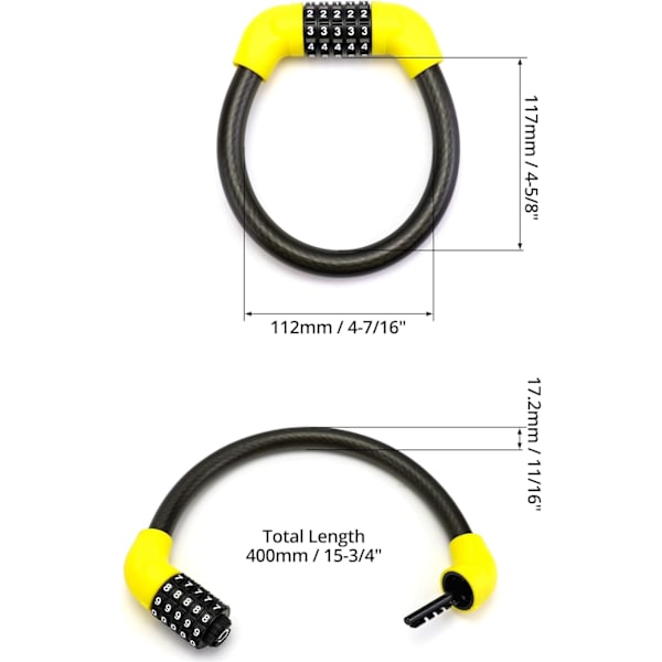 Pyörän lukko, korkea turvallisuus, pyörän lukkokaapeli 400mm/10mm, pyörän yhdistelmälukko 5-numeroisilla koodeilla polkupyörälle, moottoripyörälle, ovelle, portille, aidalle (keltainen)