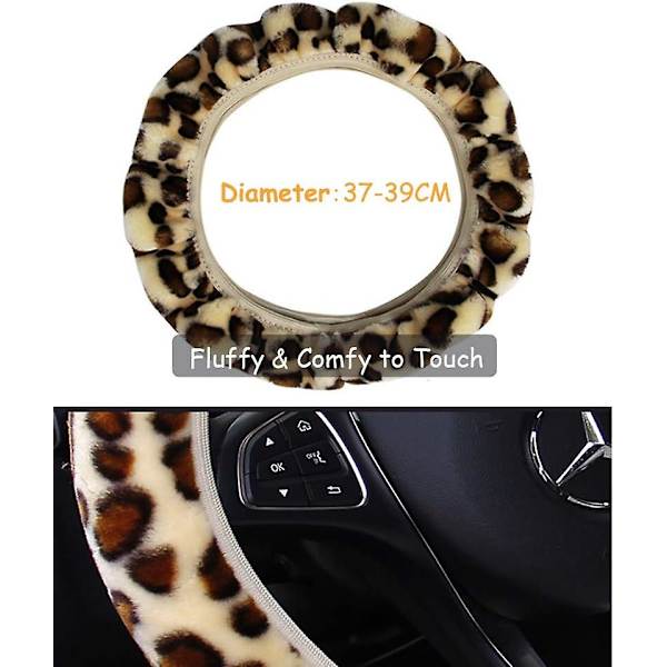 Snygg Leopardskinnsmönstrad Fluffig Plåsterstyreöverdrag Mjuk Vintervarm Bilstyre Skydd Stretch Universal Passform 37-39cm