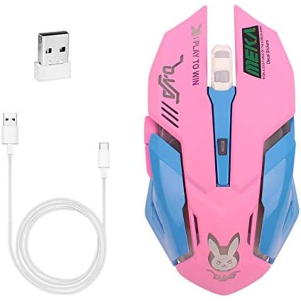 Gaming Mus, 7 farver baggrundsbelyst optisk gaming trådløs mus ergonomisk med 2400 DPI og 6 knapper 4 skydning med Nano modtager, Pink