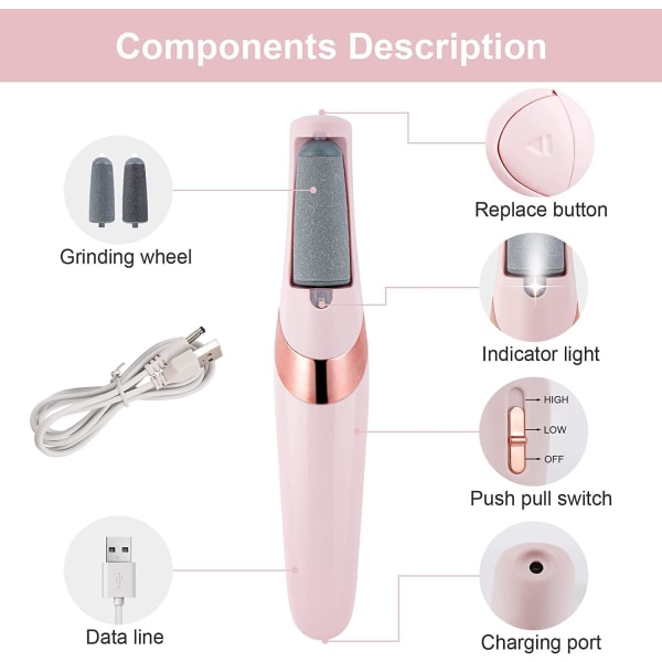 Sähköinen jalkaviila, USB ladattava vedenpitävä kovan ihon poistojalka, 2 rullaa, 2 nopeutta, LED-valo, ammattimainen pedikyyrityökalu jaloille (vaaleanpunainen)