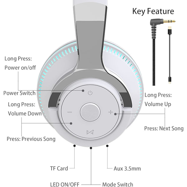 Bluetooth-kuulokkeet korvan yli, LED-valolla varustetut langattomat kuulokkeet korvan yli Hi-Fi-stereokuulokkeet taitettavat langalliset kuulokkeet mikrofonilla yhteensopivat (valkoinen)