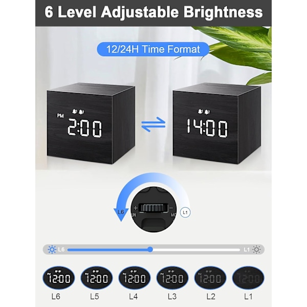 SCSYV Digital väckarklocka, med trä-LED-display, dubbla alarm, 2,5-tums kubisk liten mini-klocka i trä för sovrum, sängbord Black