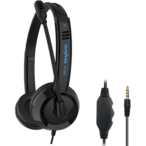 3,5 mm PC-headset med mikrofon, brusreducerande mikrofon och ljudkontroller för mobiltelefon, bärbar dator, PC, surfplatta, trådbundna stereohörlurar för dator