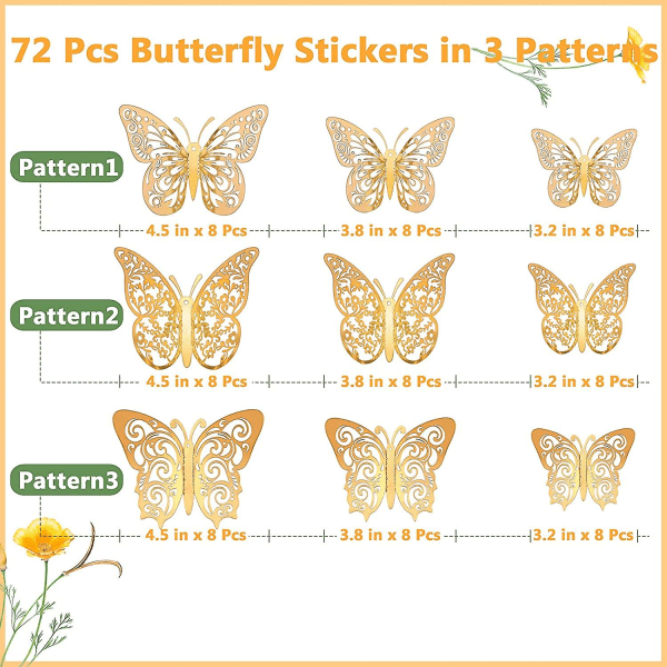 72 stk 3d gull sommerfugl veggdekor 3 størrelser sommerfugldekorasjoner sommerfuglfest C