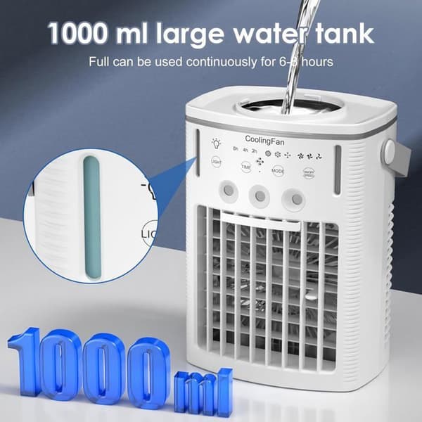 ®RisingFF Bärbar luftkonditionering med 1000 ml vattentank, 3 hastigheter, 7-färgs LED för camping, sovrum och bil
