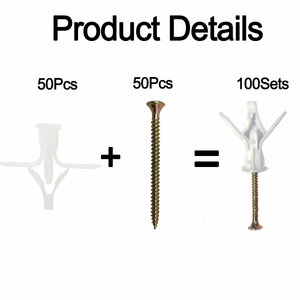 Gipsskiva Vägg, Pluggar och Skruvar/Väggfäste Plast Expansion/Plugg Ankarbultar Anti Rotera Heavy Duty med Försänkta Skruvar(Vit, 50PCS)
