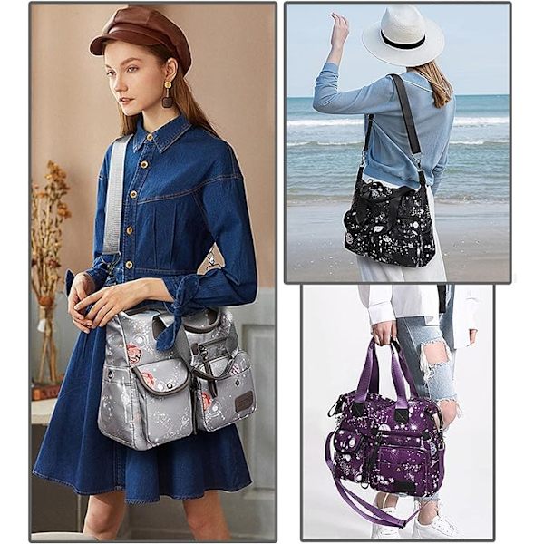 Tote taske til kvinder, stor kapacitet top håndtasker med multi lommer og lynlås, lette dame skuldertasker, nylon crossbody (grå stjernehimmel) grey
