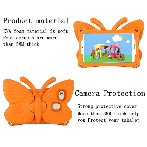 Butterfly Samsung Galaxy Tab A7 Lite 8.7 T220/t225 2021-deksel, barnevennlig, Eva mykt skummateriale, tykke fire hjørner, kamerabeskyttelse, støtsikker Orange