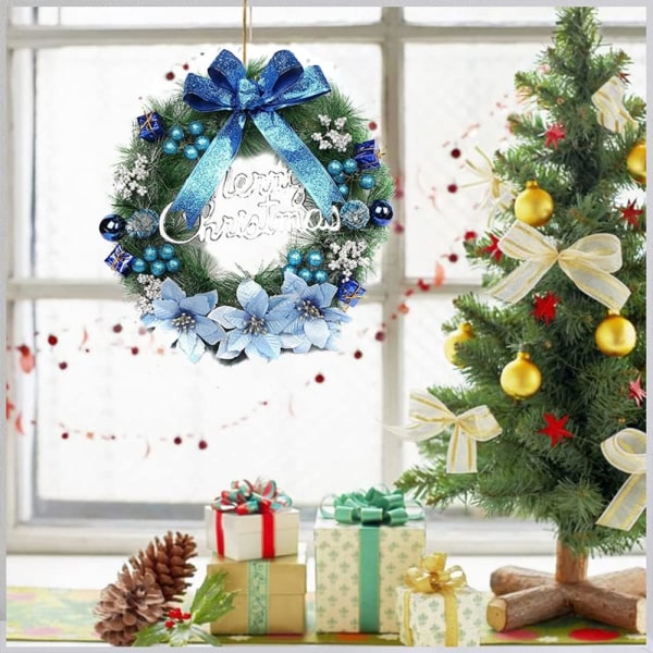 Julekranse til hoveddør, 40 cm/15,7 tommer kunstig juledørkrans Vinterjulekransdekoration med sløjfeblomsterbold (blå)