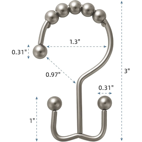 Bruseforhængskroge Ringe, Rustfrit Metal Dobbelt Glide Brusekroge Til Badeværelse Brusepinde Gardiner, Sæt Med 12 Kroge - Mat Nikkel-179