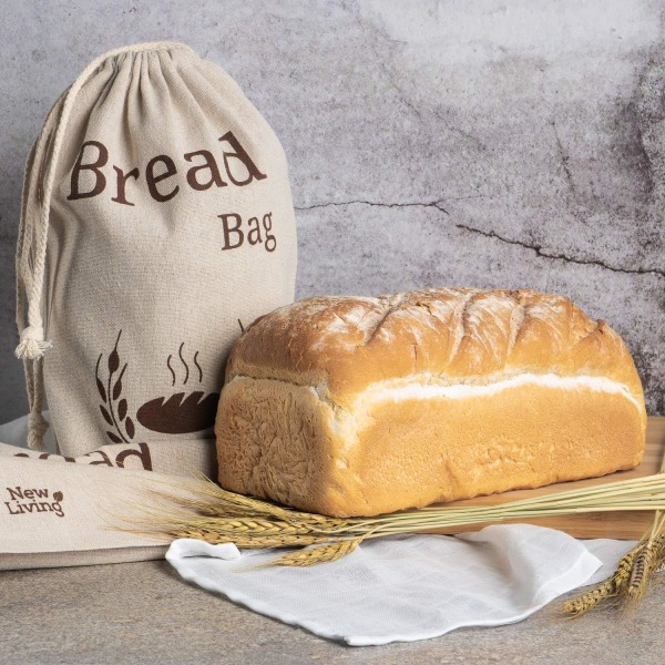 2 Pack New Living Natural Lin Brødpose | Økologisk blanding | 2 x gjenbrukbare brødposer | Matoppbevaringspose | Oppbevaringsposer for brød | 38x27 cm | Øko brødpose