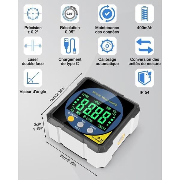 Digital dobbeltlaser-inklinometer/vinkelmåler - USB-C - Magnetisk base - ±0,2° præcision - IP54 - Til træbearbejdning