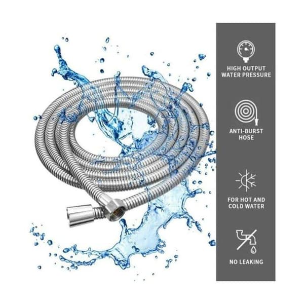 5m bruseslange i rustfrit stål med solide messingfittings, universal, revnebestandig, forkromet.