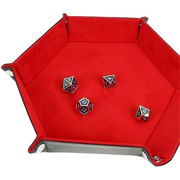 Terningholder Terningpute Terningrullebrett Pu-skinn terningbrett sekskantet sammenleggbart terningbrett for terningspill og andre bordspill, rød