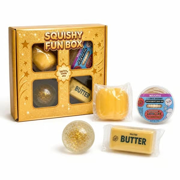 4-delad gyllene Squishy Fun Box, blandade matglitter och dumpling sensoriska stressavlastningsleksaker i presentförpackning