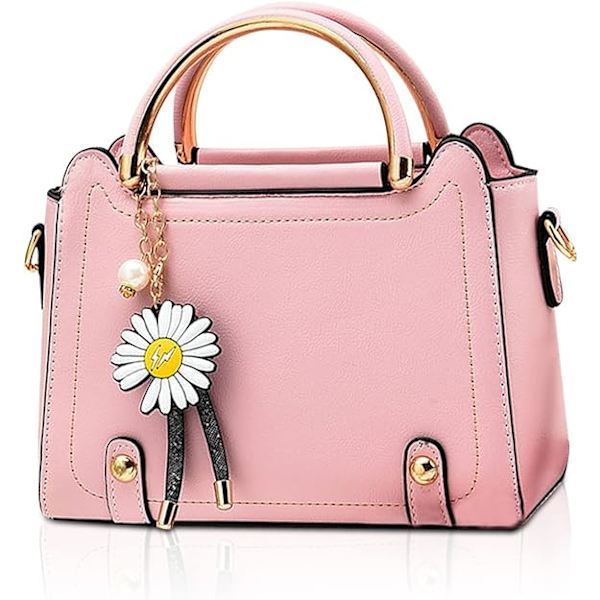 Pieni crossbody-laukku naisille, yläkahvalaukku, söpö olkalaukku, PU-nahkalaukku, tyttöjen laukku, naisten laukku, käsilaukku kukkariipuksella (vaaleanpunainen)