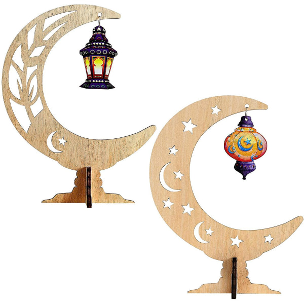 2 stk. Ramadan Eid Mubarak Ornamenter Træ Måne Stjerne Lys Bordplade Ornament Ramadan Hængende Vedhæng