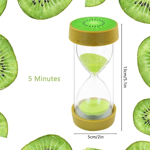 Fruktformad timglas sandtimer, säker färgglad tydlig sandglas med skyddande lockbas för hemmakontorsdekor köksmatlagningsnedräkning Kiwi 5 min