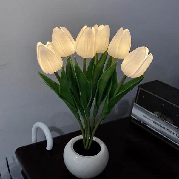Gave til kæreste, mor, datter, tante - Blomsterlampe, batteridrevet, tulipaner, nattelys, gave til hende, fødselsdag, ferie (hvid)