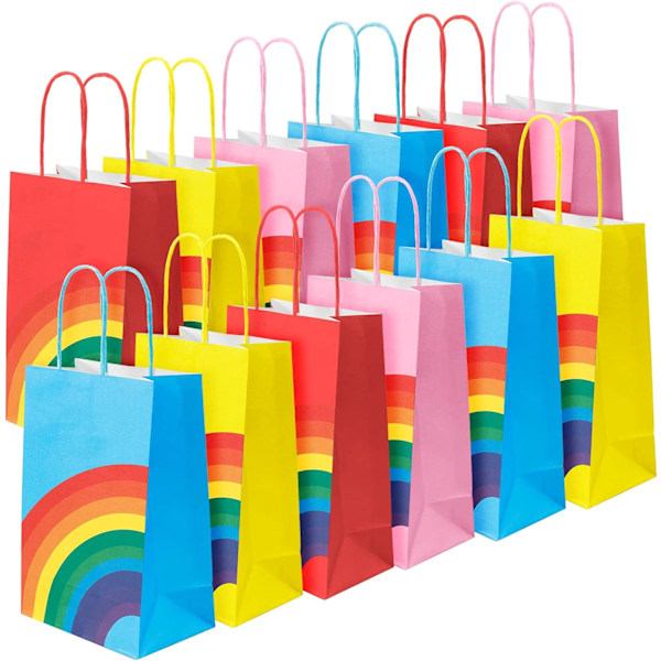 12 Pcs Rainbow Party Bags Party Paper Bags with Handles 13 x 8 x 22 cm Kraft Bags Treat Sweet Candy Gift Bags for Kids Party Wedding Birthday Favor