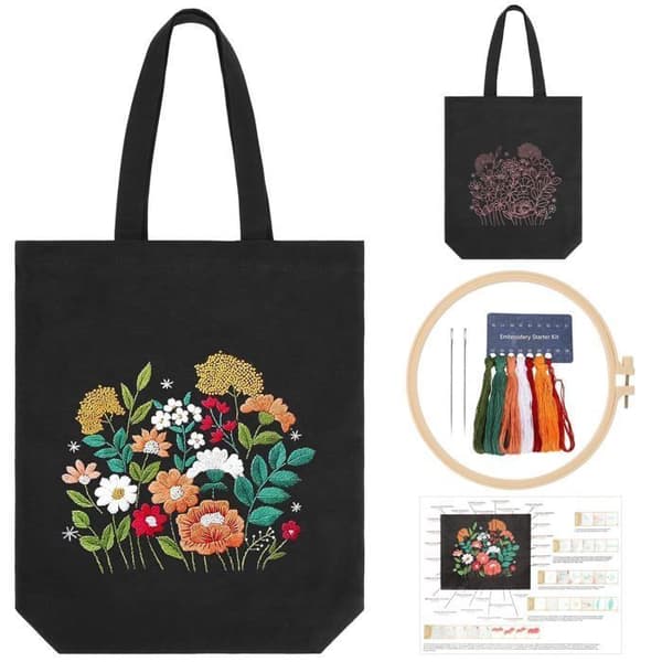 Lærredstaske med blomstermønster broderisæt, DIY-sæt til voksne, korssting, hvid