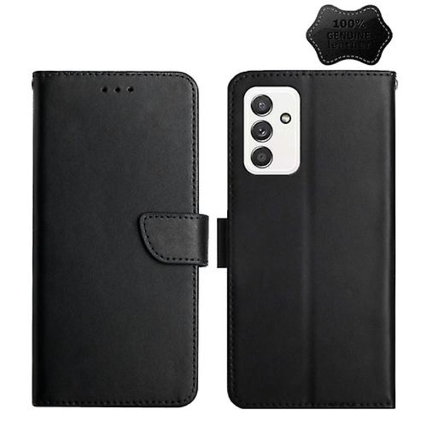 För Samsung Galaxy A82 äkta läder Fingeravtryckssäkert horisontellt Flip- phone case Black