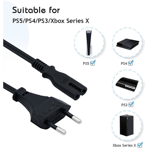 1,5 m Strömkabel EU-kontakt C7 Bipolär 2-kabel För Ps5 / Ps4 / Ps3 / Xbox Series X / S - Svart Hög Kvalitet