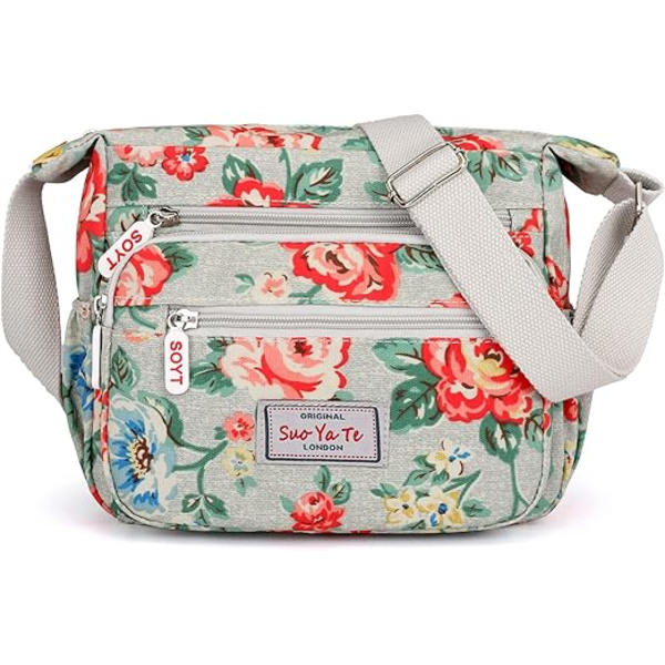 Womens Multi-Pocket Casual Crossbody Handbags Waterproof Shoulder Nylon Bags(Floral-grey)