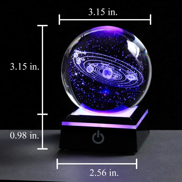 3,15" (80 mm) Solsystem Krystallkule 3D Solsystem Planeter Modell Globe med LED-base Dekorativt hjem ornament Astronomi Gaver (svart base)