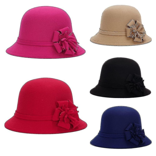 Vintage kvinnor imitation ull enfärgad blomdekor Bucket Hat Bowler Cap Red