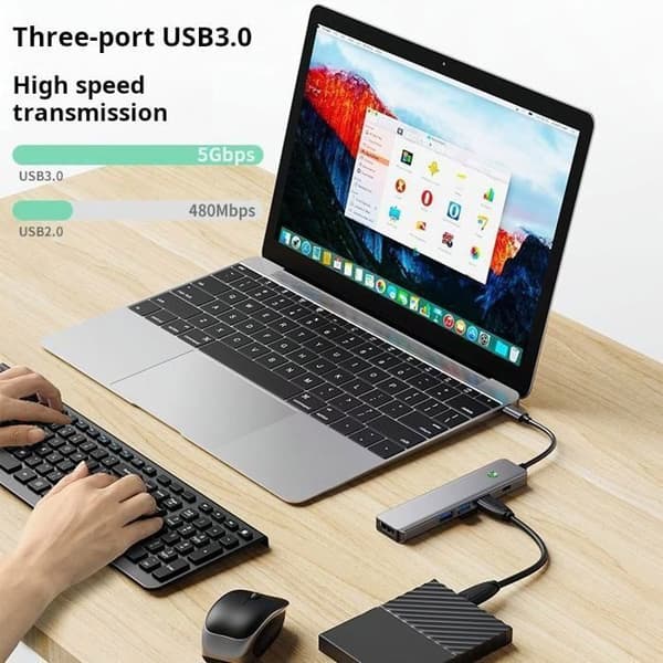 USB-C-hub (5-i-1): 4K HDMI + 100W PD + 3x USB-C 3.0 (5 Gbps) – Grå