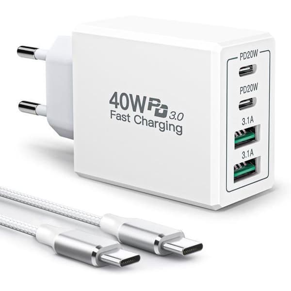 40W USB-C hurtigoplader til iPhone (inkluderer 2m USB-C-kabel); universalstik til iPhone, Samsung Galaxy, iPad, AirPods.