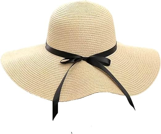 Dame Halmhatt Sommer Strand Solhatt Floppy & Foldable med Stor Bred Bremm & Sløyfebånd