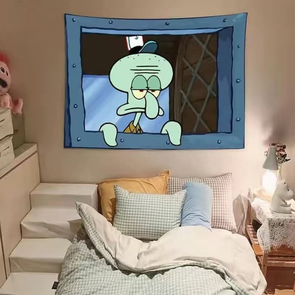 Tecknad gobeläng rolig väggbonad tapet för sovsal vardagsrum väggdekor Squidward 100x70cm