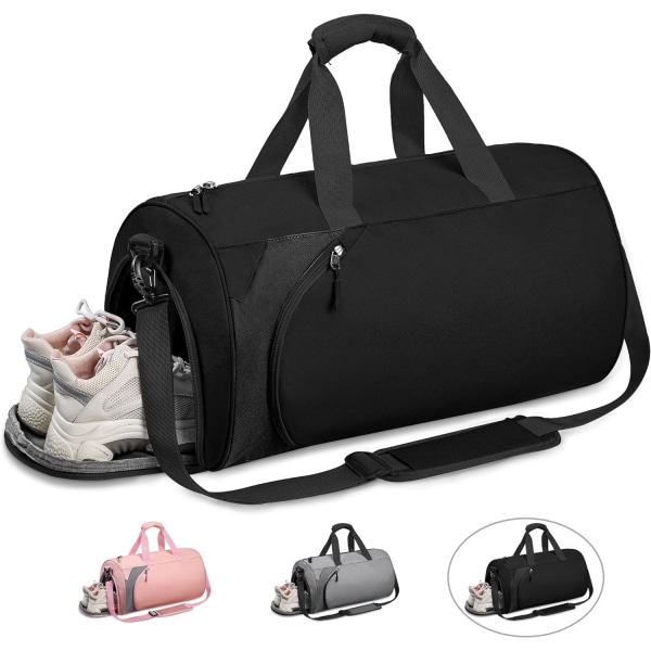 Sportsgymnastiktaske til kvinder, mænd, gymnastiktaske med skorum og vandtætte våde lommer, rejse- og weekendtasker til overnatning (sort)