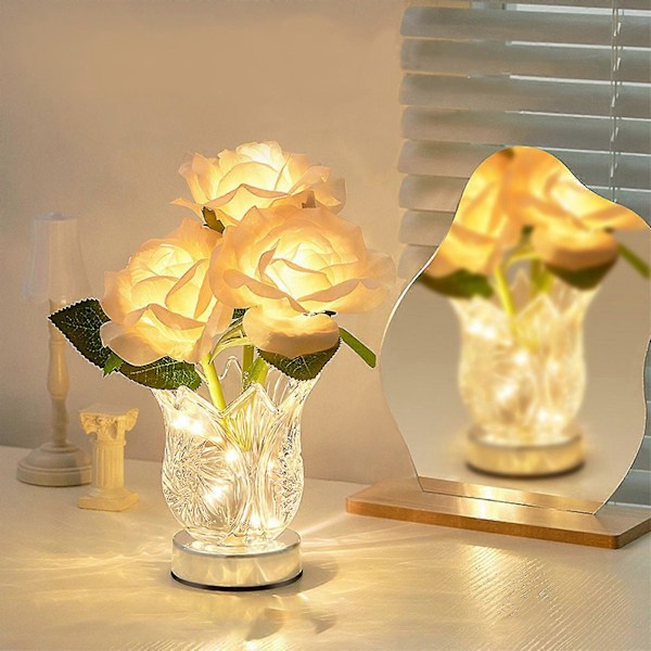 Bordslampa Hem Ros, Blomlampa, Batteridriven Rosbordslampa, Konstgjord Blomlampa med Glasvas, Liten Lampa för Sovrum Vardagsrum