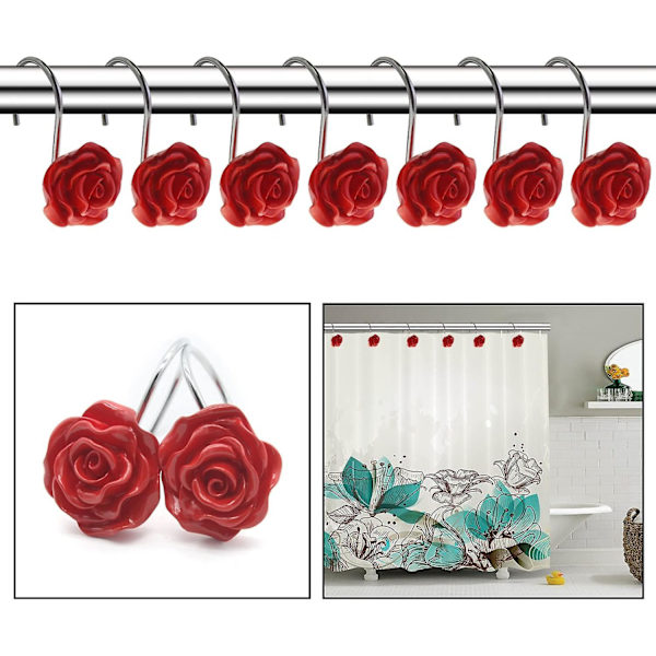 12 stk. Hjemmemode Dekorative Anti Rust Bruseforhængskroge Rose Design Bruseforhængsringe Kroge (rød)