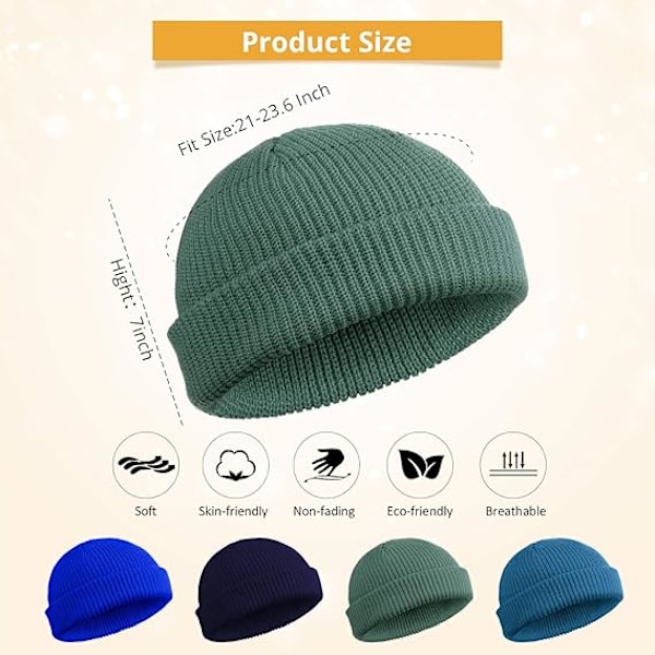 4 stk. Trawler Beanie Watch Hat Rul op Kant Skullcap Fisker Beanie Unisex - Sø Blå, Grøn Grå, Marineblå, Kongeblå