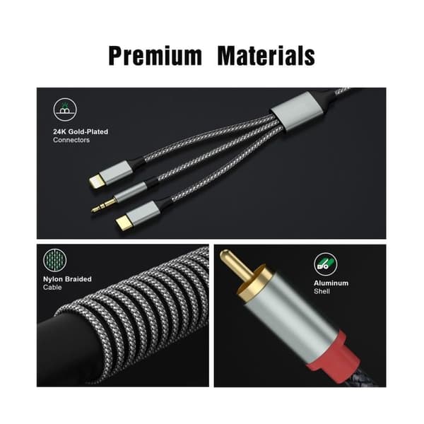 3-i-1 ljudkabel – 1,3 m – Lightning/RCA/USB-C till RCA/3,5 mm – Bil, hemmabio, högtalare – Mångsidig