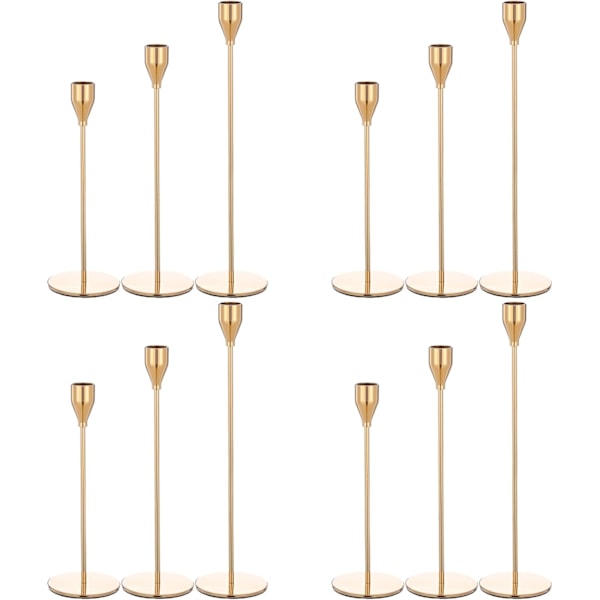 Set med 12 guldiga ljusstakar avsmalnande ljusstakar pelare, vintage ljusstakar, passar 3/4 tum tjocka dekorativa ljus, årsdag